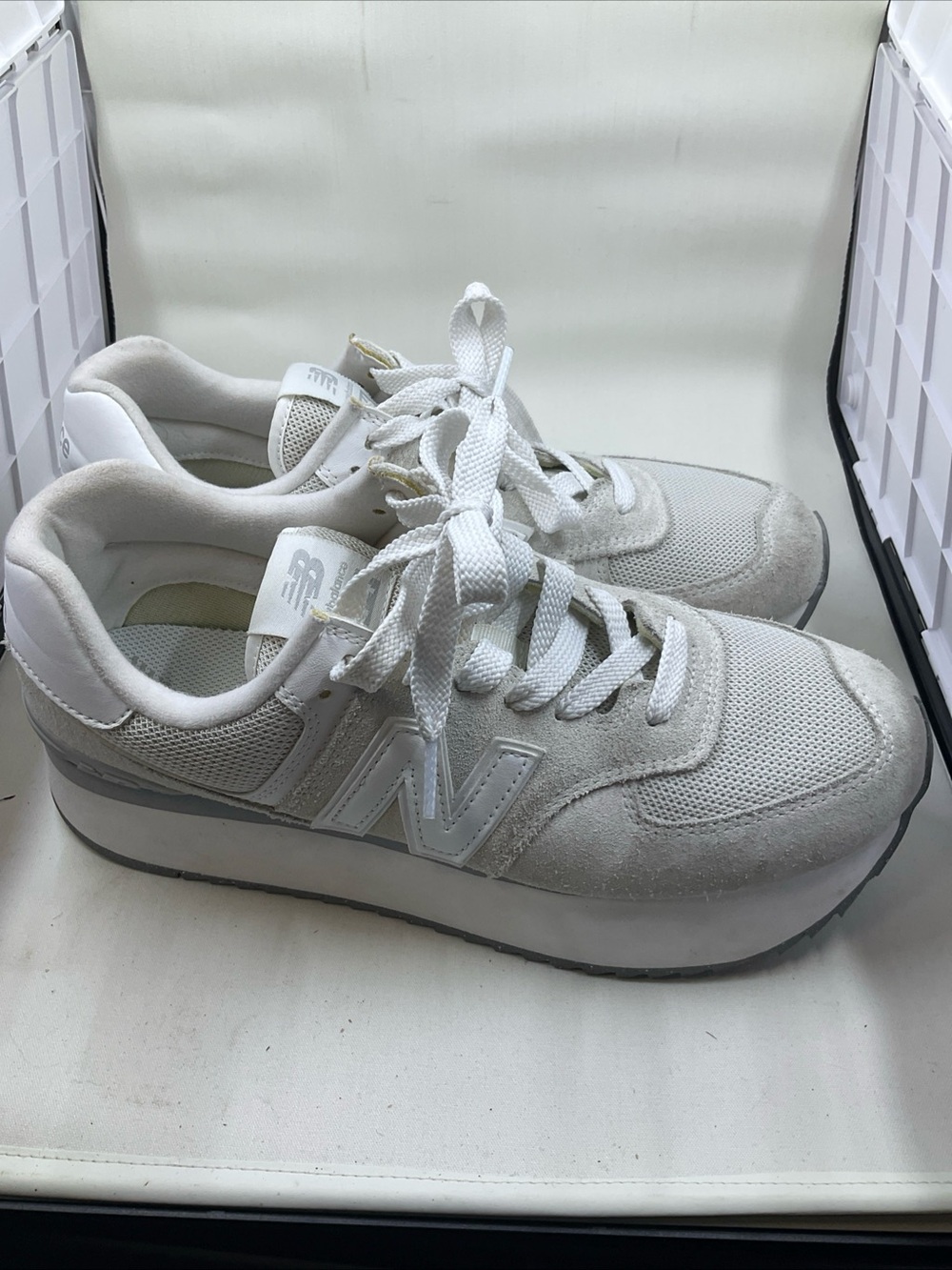New Balance Women's Light Gray and White Platform Sneakers